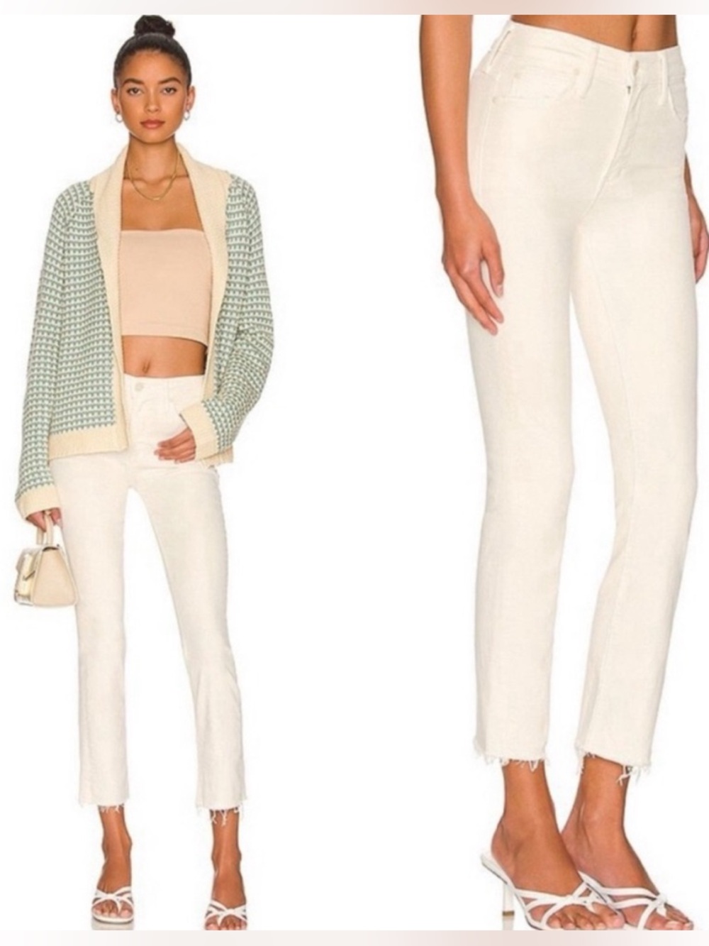 NEW MOTHER Mid Rise Dazzler Crop Fray Cream Puffs Size 26 White Ankle Jeans